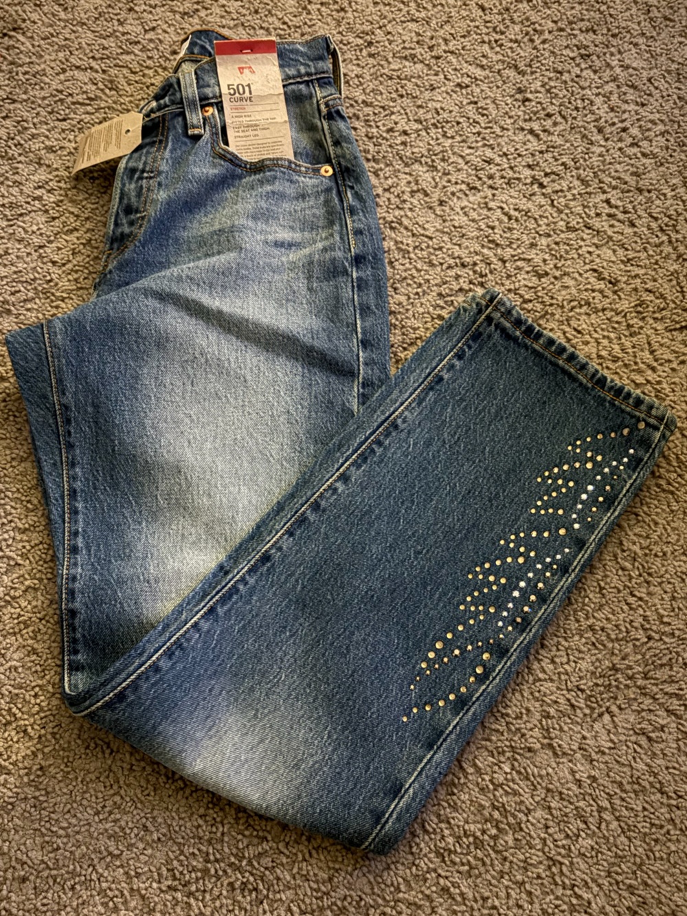 Levi's Women's Straight Leg Jeans in Medium Blue with Gold Studs - Picture 1 of 7